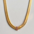 Vintage 18k gold plated flat snake chain necklace with pink zircon rectangle pendant - Pink