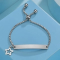 Polished silver ID bar bracelet with star charm on box chain with bolo closure - Silver Pentagram