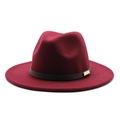 Klassieke bordeauxrode wollen fedora hoed met brede rand en zwarte leren band voor heren - M (56-58cm) / Bordeauxrood