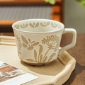 Hand-painted ceramic coffee mug with vintage floral pattern in cream and brown finish - Butterfly Chrysanthemum