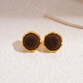 Close-up of vintage brown flocked geometric earrings with elegant golden metal borders - Silver Earring Post - Coffee - Round
