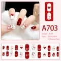 Short round red and cream press-on nails set with cute cartoon heart and rabbit patterns - Red Cream White Heart Rabbit (A703) / 24 Pcs/Set