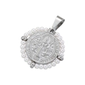 Detail of silver religious medallion with Virgin Mary relief and white pearl bead border - White Gold Pearl