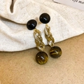 Detail view of tiger eye stone drop earrings with amber resin chain on rustic fabric - 47# Silver Needle - Brown - Dangle Chain