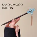 Sandalwood Chinese hair pin with light blue flowers and golden metal tassel pendant - 153# Flowers Like Brocade (Sandalwood)