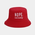 Close-up of red cotton bucket hat with white NOPE not today embroidery and metal eyelets - M (56-58cm) / Red