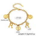 Gold plated stainless steel bracelet with Queen Elizabeth coins and R letter charms - Gold-Letter R