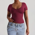 Burgundy short sleeve slim fit U-neck T-shirt for women in casual summer vacation style - XS / Burgundy