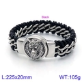 Men's titanium steel wolf head bracelet with black braided leather band and metal links - Silver Wolf Head