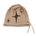 Close-up of khaki knit slouchy beanie featuring a dark brown star pattern and drawstring - One Size / Khaki