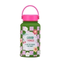 Detail of 650ml green sports bottle with pink lid and floral checkered pattern design - Army Green Good Things Quote