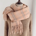 Pink plaid faux cashmere scarf with orange and grey accents and fringe details - Orange