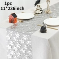 Macro detail of 11x236 inch grey Halloween table runner with white skull motifs - Silver Skull