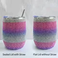 12oz glitter wine tumbler with colorful rhinestones, straw and flat lid options - Red Purple White Gradient
