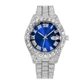 Macro shot of iced-out quartz watch with blue sunray dial and diamond-set silver steel band - Silver & Blue