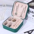Portable dark green jewelry travel case with pink lining and organized storage slots - Green