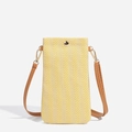 Vertical woven straw mobile phone bag in yellow and white pattern with brown strap - Leather Strap Style / Yellow