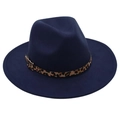 Detail of navy blue felt fedora hat featuring leopard print band and golden buckle - Navy Blue
