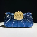 Navy blue evening clutch with rhinestones and a gold crystal flower clasp for formal galas - Dark Blue