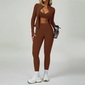 Set yoga 3 pezzi marrone scuro con giacca slim, reggiseno sportivo e leggings a vita alta - S / Set 3 Pezzi / Marrone Sabbia