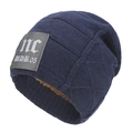 Winter thermal knit beanie in navy blue with thick brown fleece lining and leather patch - One Size / Navy Blue