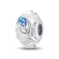 Detailed close-up of blue peacock feather enamel charm with silver plated glow bead - Crystal White Feather (Luminous)