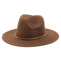 Detailed weave of dark brown straw fedora hat featuring a matching thin decorative band - M (56-58cm) / Brown