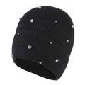 Women's black knit beanie hat with sparkling rhinestones and warm fleece lining - Adult / Black