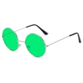 Retro round frame sunglasses with slim silver metal frame and vibrant green lenses - Silver Frame Green Lens