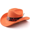 Detail of orange suede cowboy hat featuring red floral embroidery and silver buckle - M(56-58cm) / Orange