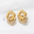 Detail view of double heart earrings in gold finish with crystal inlay and dimensions - Gold Interlocking Heart With Rhinestone (JZ-E24050709G-CZ)