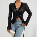 Slim fit black lace long sleeve cardigan with front tie closure and elegant trim - S / Black