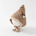 Detail of infant winter knit hat with fish-scale texture and lace trim on a white model - 6-24 Months / Light Coffee