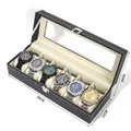 Black 6-slot leather watch box with glass top and white stitching for storage - 6-Slot Watch Box