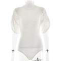 Elegante body in pizzo floreale bianco con collo alto e maniche corte da donna - S / Bianco