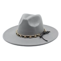 Detail of grey wool fedora hat featuring a gold chain buckle and elegant bow trim - M (56-58cm) / Light Gray