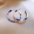 Blue and beige marble texture resin hoop earrings with vintage leopard print aesthetic - 45# Silver Pin Blue Yellow - Resin C-Shape Studs