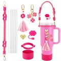 Pink daisy cup accessory set with woven strap, tassels, straw cover and silicone boot - Rose Pink Set