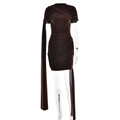 Slim fit dark brown mini dress with asymmetric shoulder and elegant ribbon detail - S / Coffee