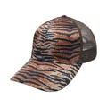 Tiger print trucker cap with brown breathable mesh back and adjustable pony tail hole - Ponytail Baseball Cap / Orange Black Tiger