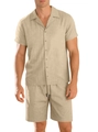 Ensemble d'été pour hommes chemise et short beige avec texture à rayures verticales fines - S / Kaki