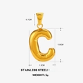 Golden chubby letter C pendant in stainless steel with dimension and weight markers - Letter C - Gold