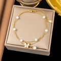 Double-layered gold stainless steel anklet with white pearls and butterfly charm - B5001 Double Layer Pearl Butterfly