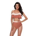 Women's two-piece bikini with brick red ruffle top and high-waisted color-block bottoms - Kids 116 / Top And Bottom / Brown