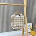 Waterproof baby bib with red and blue plaid pattern and large spill pocket - Mini Plaid