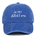 Close-up of in my ERAS era white embroidery on washed blue cotton baseball cap - Sapphire Blue