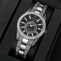 Detail of silver diamond-set watch band and black dial in a premium display box - Black & Silver Watch