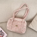 Pink and white striped plush faux fur Boston bag with a golden metal logo plate - Pink Striped