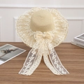 Beige straw sun hat with large white lace bow and ribbons for summer beach vacation - Lace Bow Style - Beige