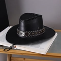 Retro black leather western cowboy hat with metal bull buckle and wide brim design - One Size / Black